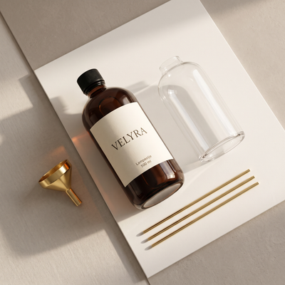Dette får du: glassvase, tre veker i stål, 500 ml lampeolje og trakt