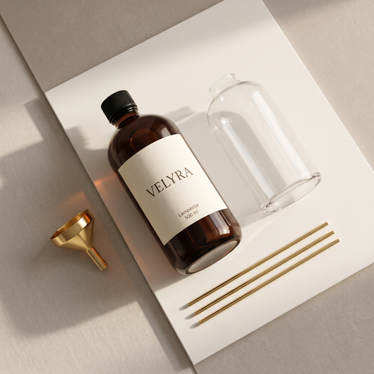 Dette får du: glassvase, tre veker i stål, 500 ml lampeolje og trakt